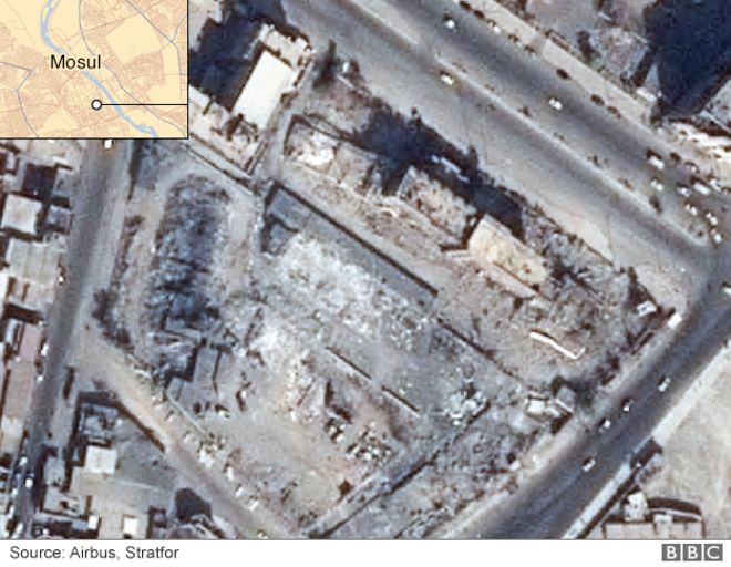 Спутниковое изображение, показывающее повреждение здания администрации провинции Ниневия