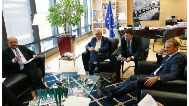 Лидер парламента ЕС Мартин Шульц, глава Еврокомиссии Жан-Клод Юнкер, глава кабинета Юнкера, Мартин Сельмайр и президент Европейского совета Дональд Туск