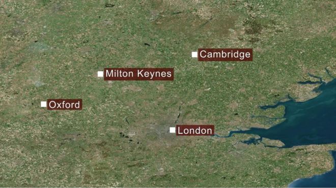карта, показывающая Кембридж, Милтон Кейнс и Оксфорд