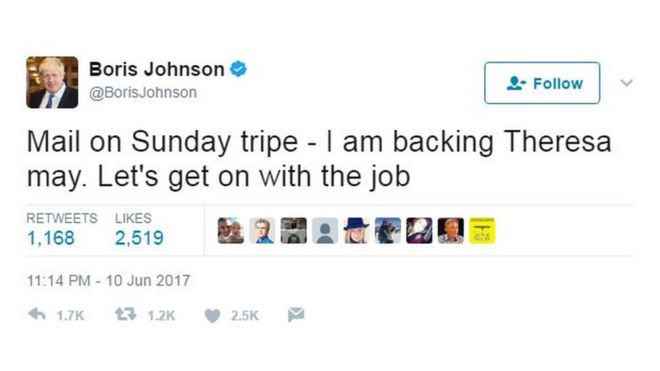 Борис Джонсон пишет в Твиттере: «Почта в воскресенье - я поддерживаю Терезу, возможно». Давайте продолжим с работой & quot;