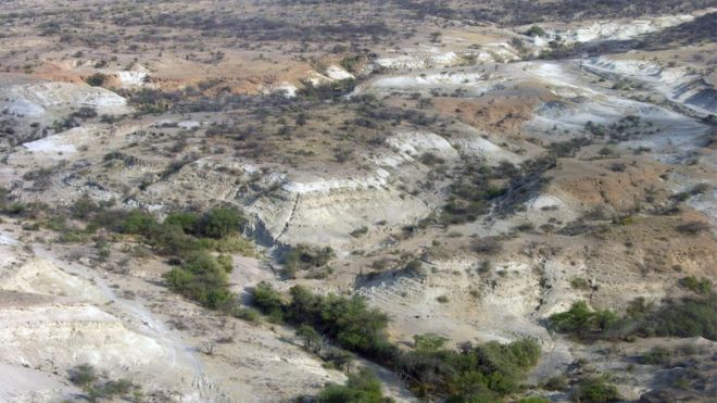 An aerial view of scrubby, sand coloured landscape divided by dry channels