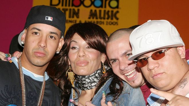 Daddy Yankee, Ivy Queen, Pitbull y Héctor "El Father" en 2005, cuando el reguetón comenzaba a ser un género internacional.