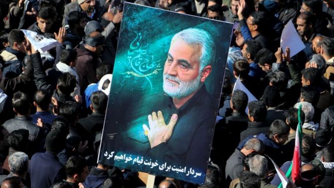 Iranian mourners gather during the final stage of funeral processions for slain top general Qasem Soleimani