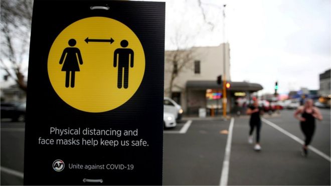 Social distancing sign at Auckland airport, New Zealand (file pic)