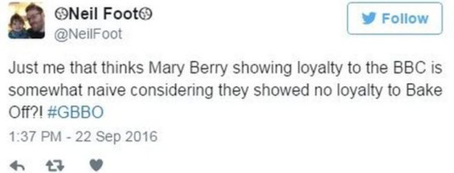 Только я думаю, что Мэри Берри, демонстрирующая лояльность по отношению к BBC, несколько наивна, учитывая, что они не проявили лояльности к Bake Off ?! #GBBO