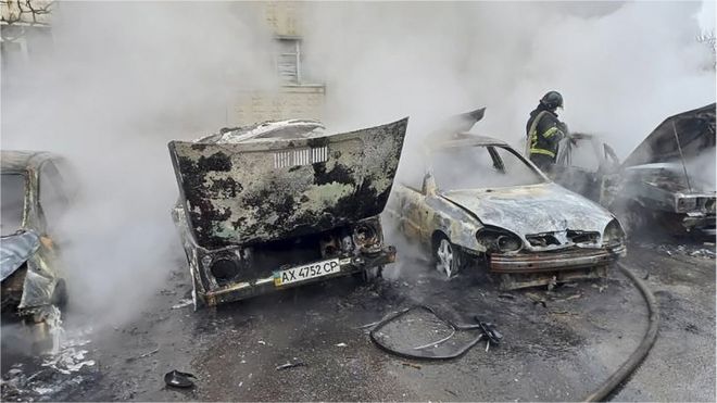 Burnt vehicles after shelling in Kharkiv