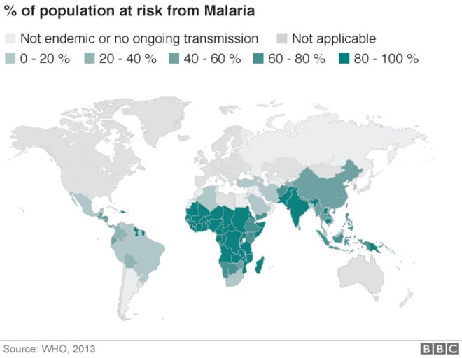 Карта мира населения, подверженного риску заболевания малярией