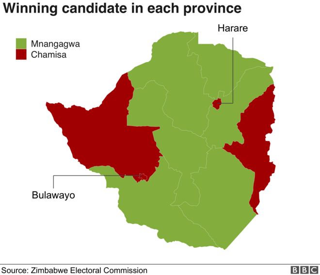 Карта результатов президентских выборов в Зимбабве