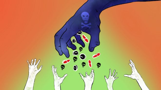Illustrated abstract image of hand releasing fake medicines