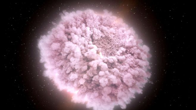 ภาพจำลองการชนและรวมตัวกันของคู่ดาวนิวตรอน โดยกลุ่มเมฆฝุ่นที่ร้อนและหนาแน่นฟุ้งออกมาจากดาวทั้งสองก่อนจะชนกันเพียงเสี้ยววินาที