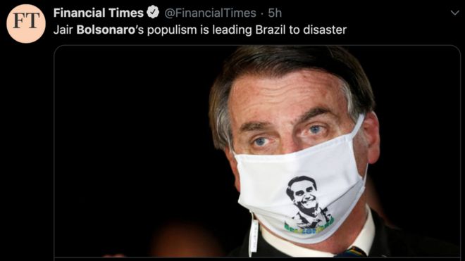 Tweet do jornal Financial Times dizendo que ações de Bolsonaro levarão Brasil ao desastre