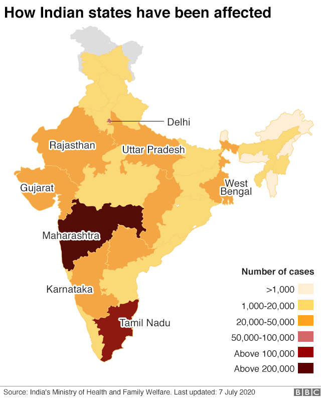 Map showing the spread of confirmed Covid-19 cases across India.