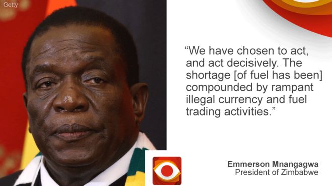 President Mnangagwa on Zimbabwe on left, quote: "We have chosen to act decisively..." on right