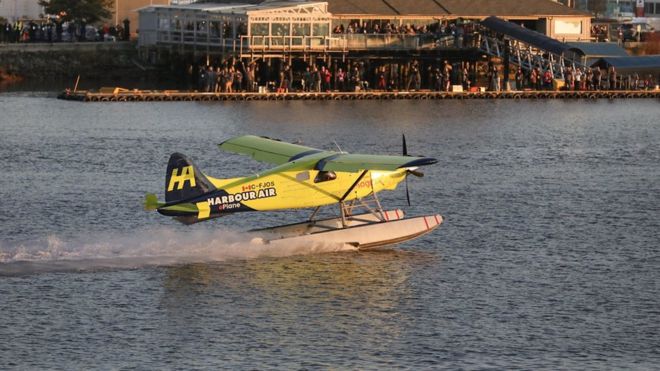 A Harbour Air electric aircraft takes flight