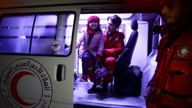 Syrian girl in an ambulance as medical workers evacuate critically-ill patients from the besieged town of Douma, eastern Ghouta to Damascus, Syria, December 26, 2017