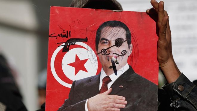 Плакат 2011 года, осуждающий свергнутого лидера Туниса Зина аль-Абидина Бен Али