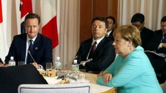 Слева направо: премьер-министр Великобритании Дэвид Кэмерон, премьер-министр Италии Маттео Ренци и канцлер Германии Ангела Меркель. Фото: май 2016 г.
