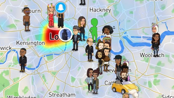 Снимок карты в Snapchat, показывающий, где находятся последователи в Лондоне