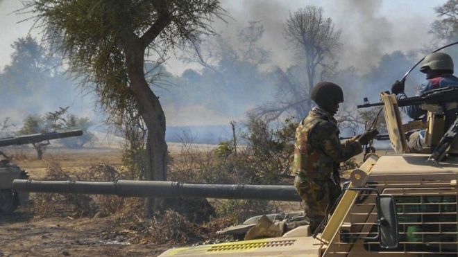 Nigerian Army shows an insurgents" camp being destroyed by Nigerian military in the Sambisa Forest, Borno state, Nigeria