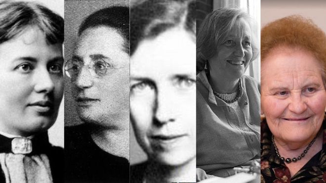 Sofya Kovalevskaya (Foto: dominio público), Emmy Noether (Foto: Ullstein bild/ullstein bild via Getty), Mary Cartwright (Foto: LONDON MATHEMATICAL SOCIETY), Cathleen S. Morawetz (Foto: ©Orling Photo Bureau NYU) y Marina Ratner (Foto: Lenya Ryzhik)