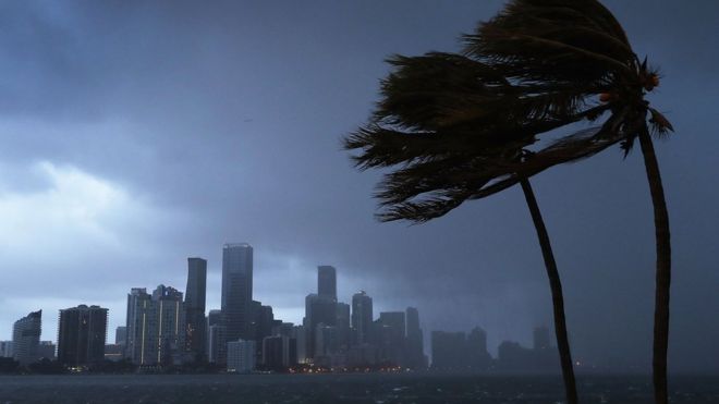 Miami skyline as outer bands of Irma reach southern Florida. Photo: 9 September 2017