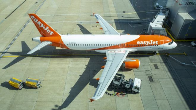 Airbus A320-214 EasyJet заправляется топливом для следующего рейса у выхода 101 16 октября 2019 года в северном терминале аэропорта Гатвик, Великобритания.