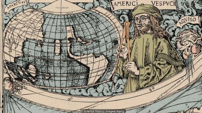 Ilustração de Américo Vespúcio e o Globo Terrestre