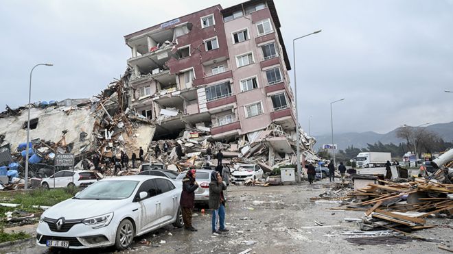 Collapsed building in Hatay, Turkey after two earthquakes rocked the region