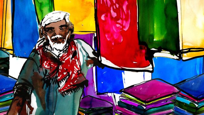 Illustration of an elderly man in a fabric shop