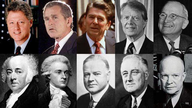 По часовой стрелке сверху слева: Клинтон, Буш, Рейган, Картер, Трумэн, Эйзенхауэр, ФДР, Гувер, Джефферсон, Адамс