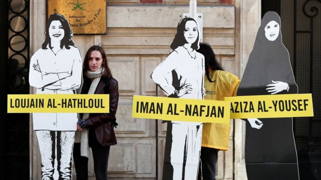 Amnesty International urges Saudi authorities to release activists Loujain al-Hathloul, Eman al-Nafjan and Aziza al-Yousef, outside the Saudi Arabian embassy in Paris, March 8, 2019