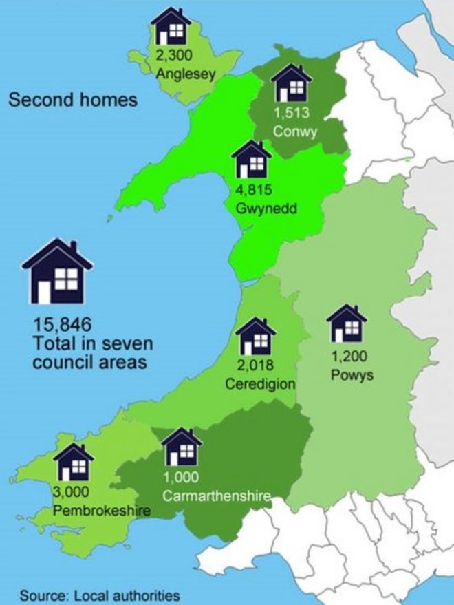 Карта вторых домов в Уэльсе