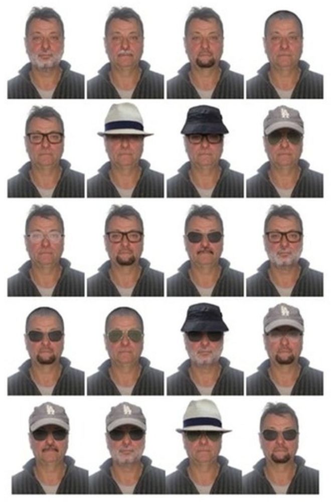 Комбинированная фотография с 20 отдельными фотографиями Баттисти в различных шляпах и солнцезащитных очках