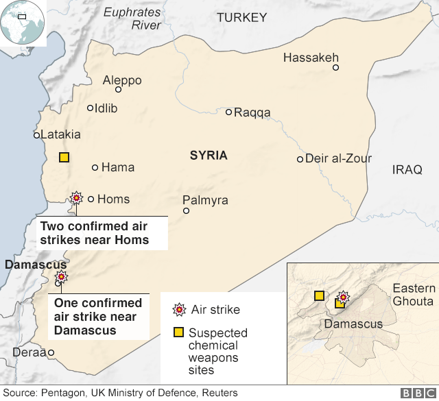 Карта, показывающая, где удары наносятся в Сирии