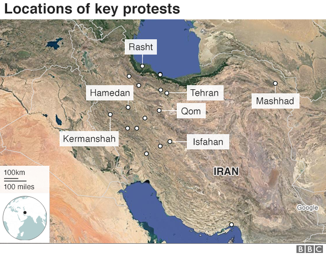 Карта с указанием городов в Иране, где произошли протесты