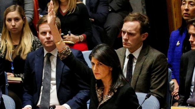 US Permanent representative Nikki Haley vetoes a draft resolution on Jerusalem at the UN Security Council on 18 December 2017