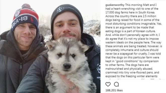 Скриншот поста Гаса Кенворти в Instagram. Он содержит фотографию Гаса и его партнера, держащего их собаку; щенок с длинным серо-белым мехом.