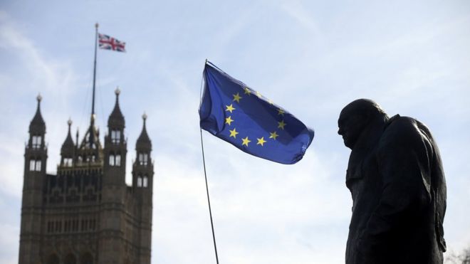 Big Ben, EU flag and Winston Churchill