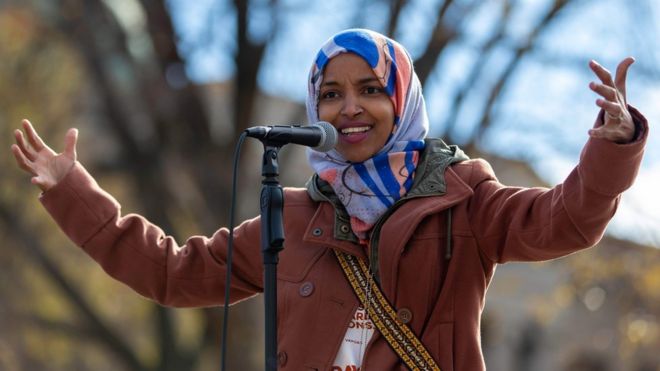 Democratic candidate Ilhan Omar speaks during an election rally in November 2018