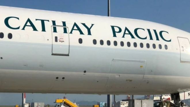 Cathay Pacific plane with name misspelled as "Cathay Paciic"