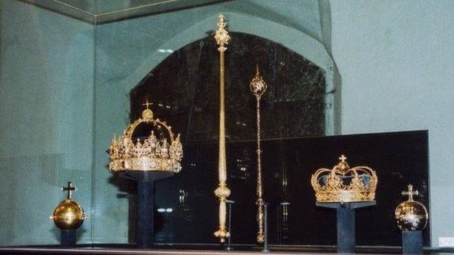 Södermanland Swedish Royal funeral regalia in the cathedral 2004 Charles IX Funeral Crown,Karl X Gustav Funeral Crown and sceptre and Orb