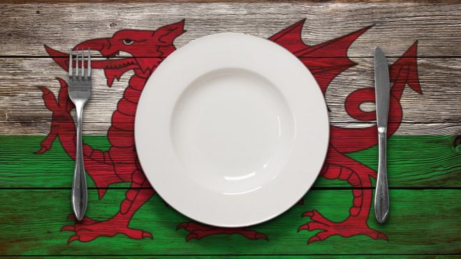Белая тарелка на столе, расписанном уэльским флагом