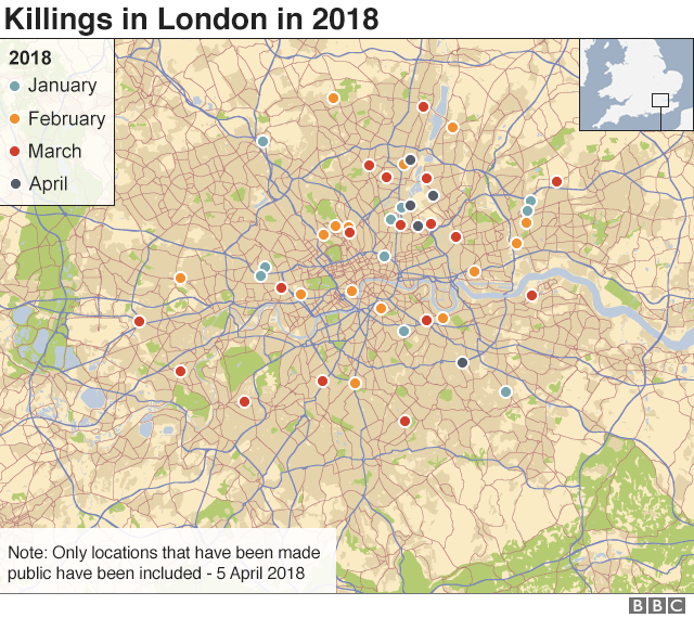 Карта, показывающая убийства в Лондоне в 2018 году