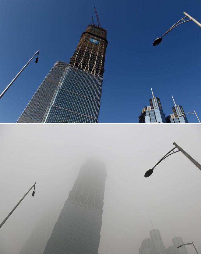 На этом комбинированном изображении двух фотографий, сделанных 3 декабря 2015 года (вверху) и двумя днями ранее 1 декабря (внизу), изображен небоскреб под ясным небом и сильным загрязнением, как видно в центральном деловом районе Пекина.
