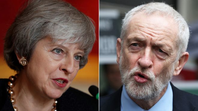 Composite image featuring Theresa May and Jeremy Corbyn