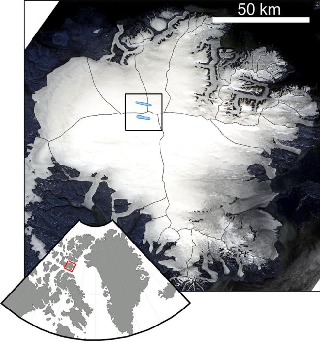 Спутниковая карта ледяной шапки Девона, показывающая расположение острова Девон в канадской Арктике и двух длинных озер в середине ледникового щита