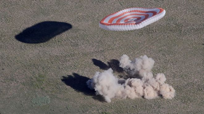 Капсула Союз приземляется в облаке пыли. 3 июня 2018 года