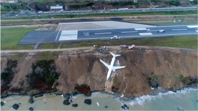 В Турции самолет съехал с полосы и чуть не упал в море.
