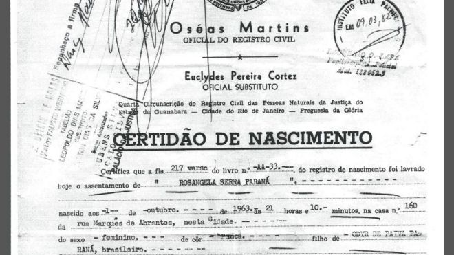 Certidão de nascimento de Rosângela Paraná
