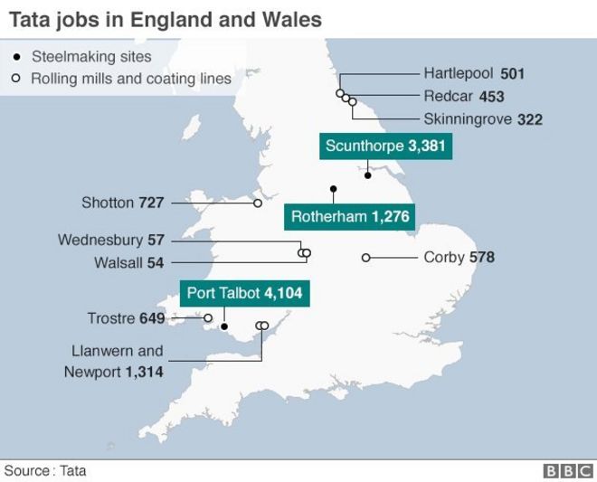 Карта с указанием расположения рабочих мест Tata Teel в Великобритании